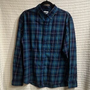 Old Navy Men's Slim Fit Plaid Navy and Teal Button Down Shirt Size Large